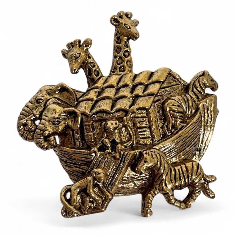 Vintage Gold Tone Noah’s Ark Brooch Pin Religious Jewelry